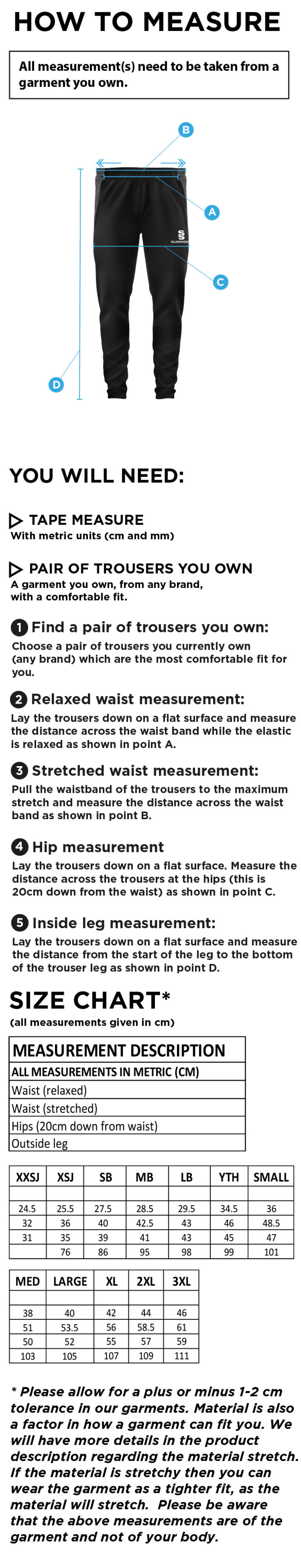 Stoneleigh CC - Tek Slim Training Pants - Size Guide