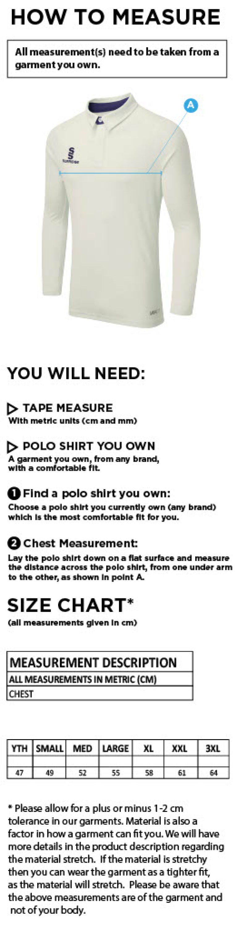 Stoneleigh CC - Ergo Long Sleeve Cricket Shirt - Size Guide