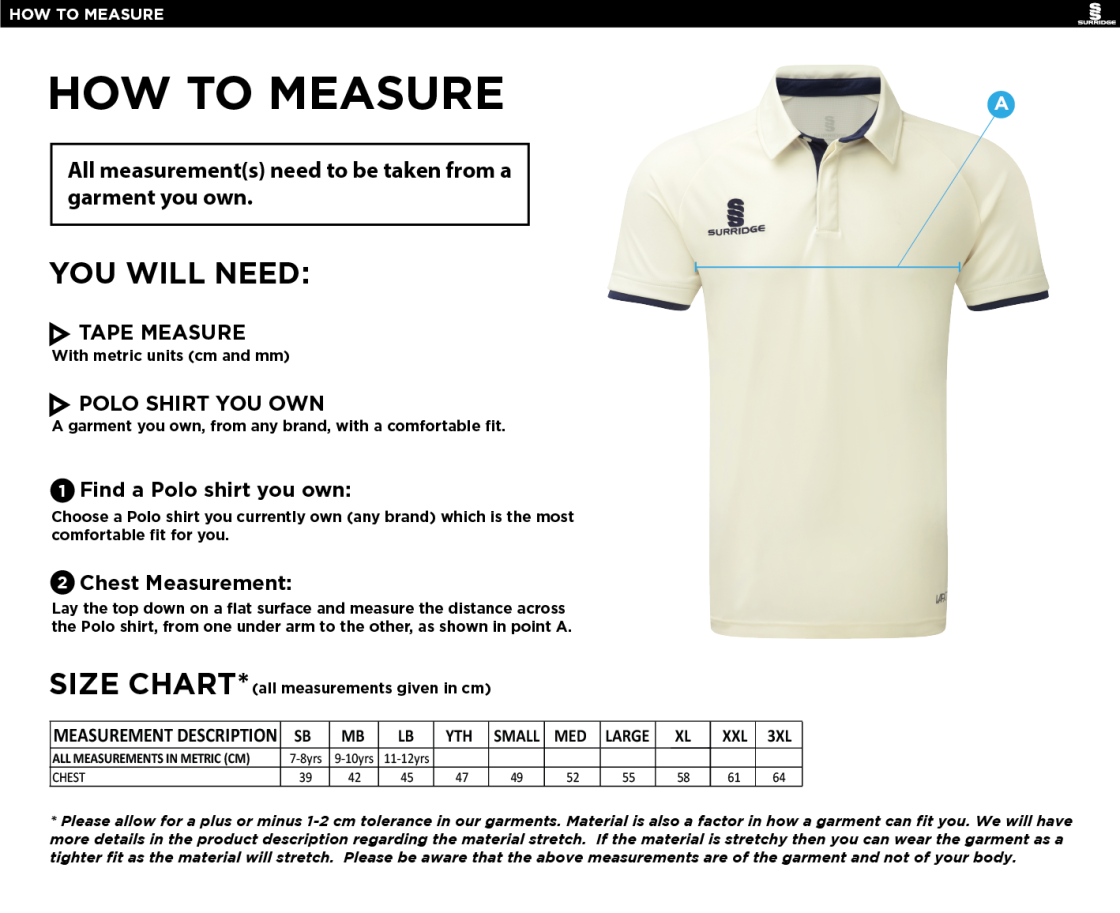 Stoneleigh CC - Ergo Cricket Shirt - Short Sleeve - Size Guide