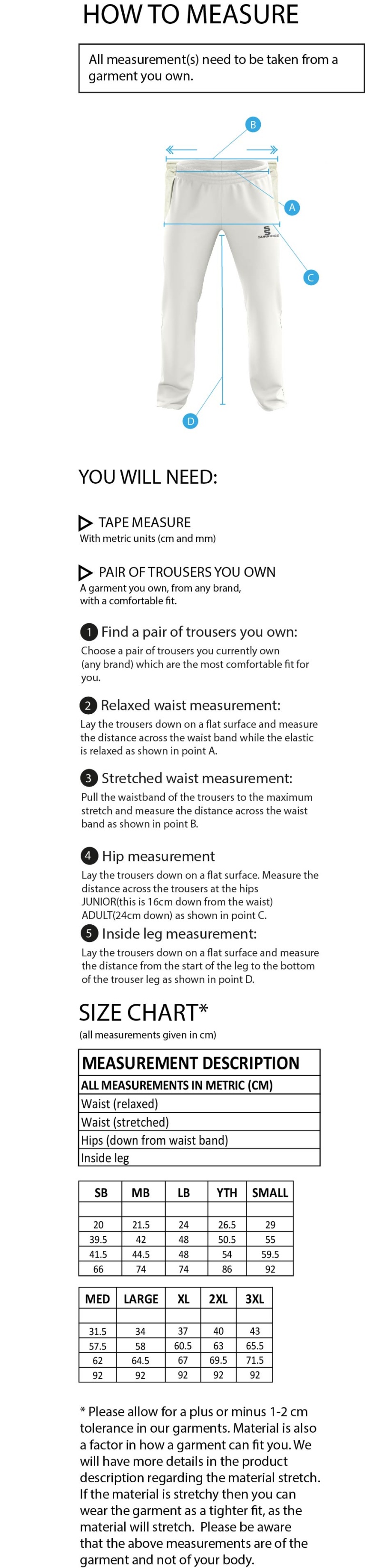 Stoneleigh CC - Standard Playing Pant - Size Guide
