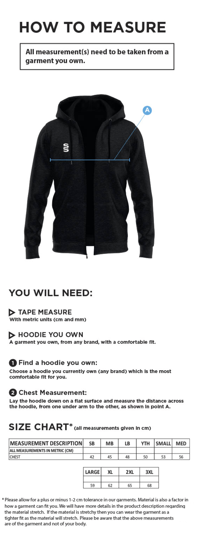 Stoneleigh CC - Dual Full Zip Hoody - Size Guide