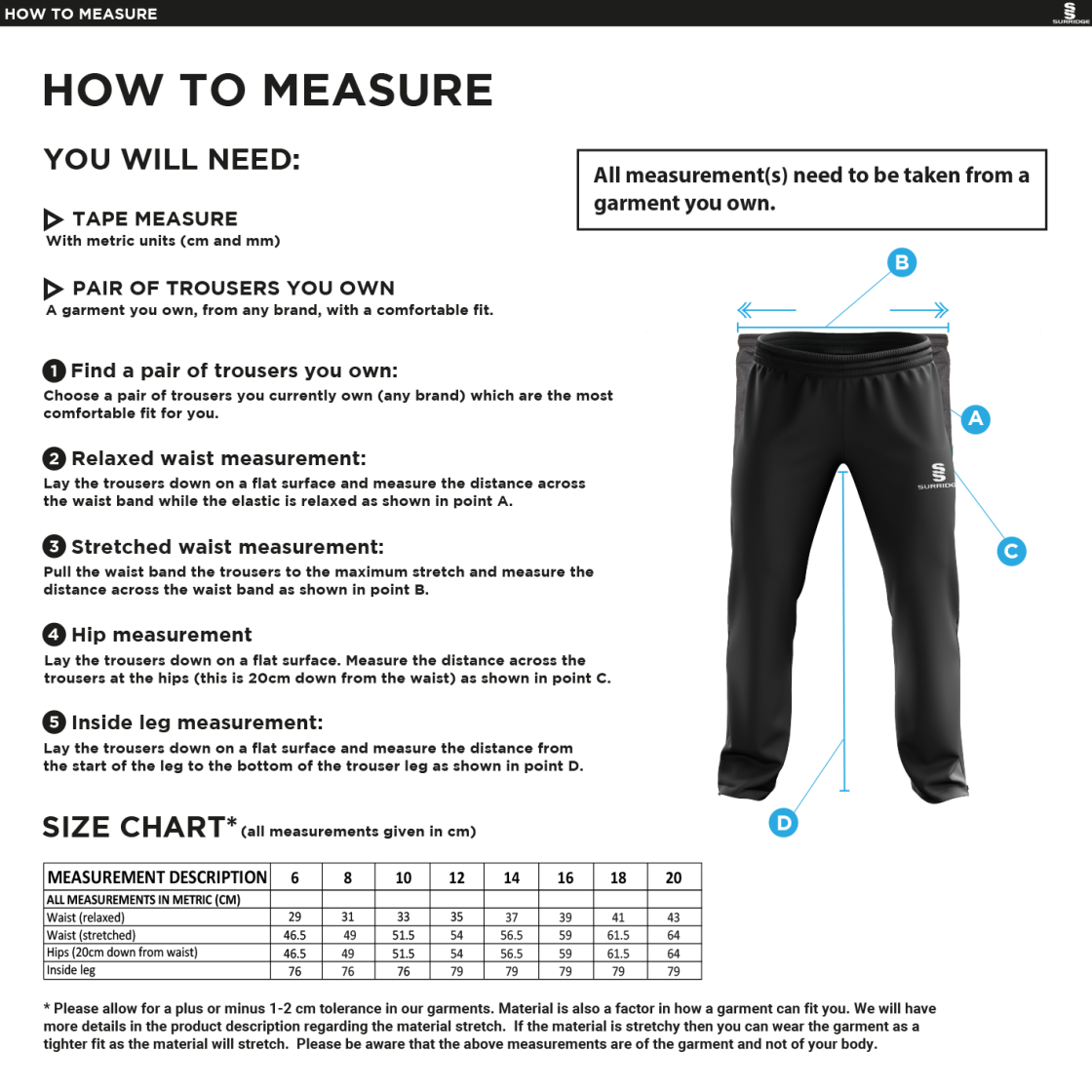 Stoneleigh CC - Poplin Track Pant - Women's - Size Guide