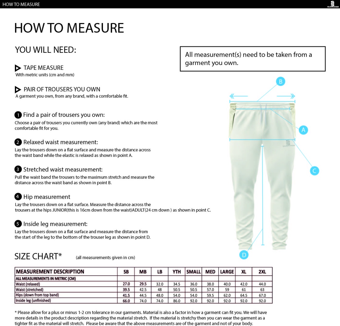 Stoneleigh CC - Coloured Cricket Trousers - Size Guide