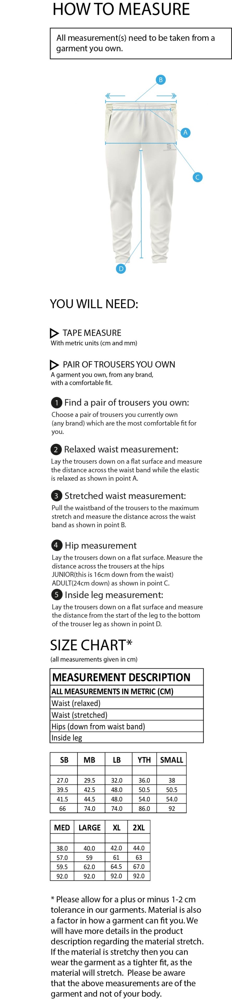 Stoneleigh CC - Coloured Cricket Trousers - Size Guide