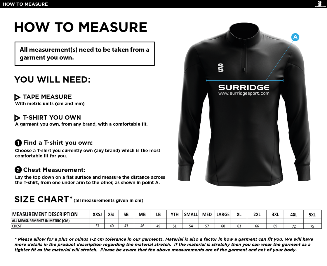 Stoneleigh CC - 1/4 Zip Dual Performance Top - Size Guide