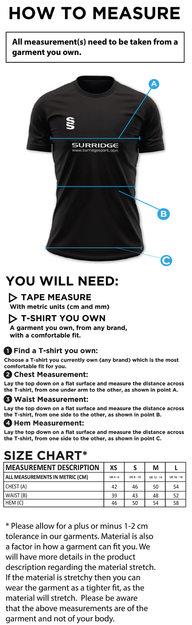 Stoneleigh CC - Dual Games Shirt - Women's - Size Guide
