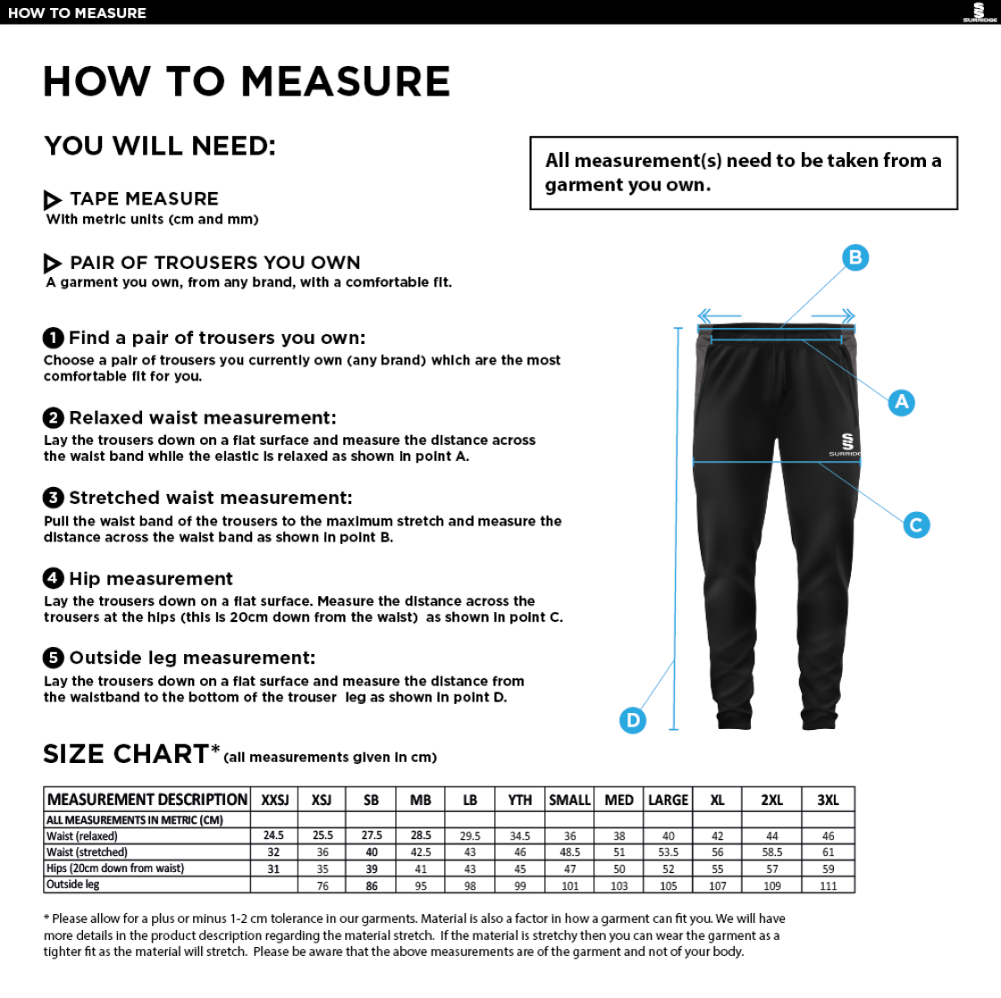 Stoneleigh CC - Tek Slim Training Pants - Size Guide