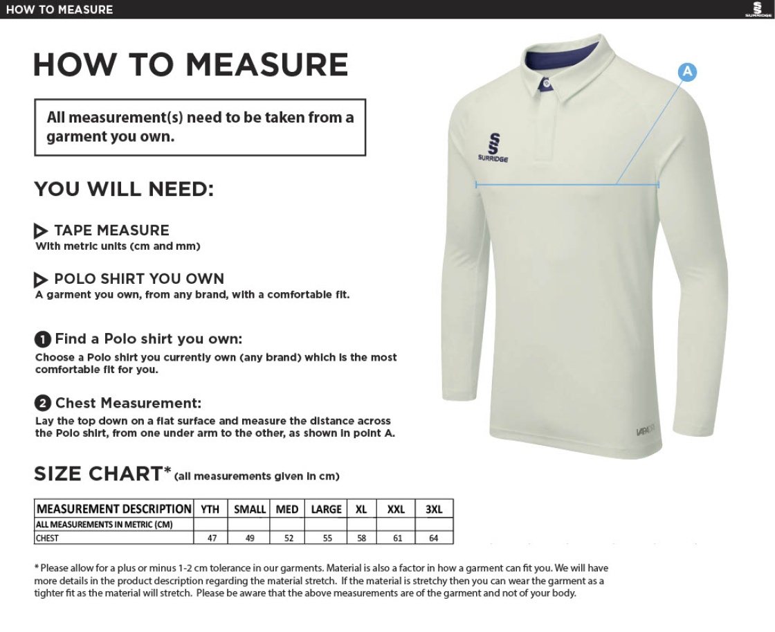 Stoneleigh CC - Ergo Long Sleeve Cricket Shirt - Size Guide