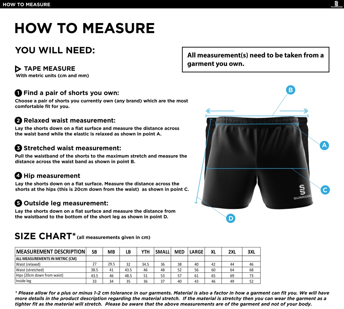 Stoneleigh CC - Performance Gym Short - Size Guide