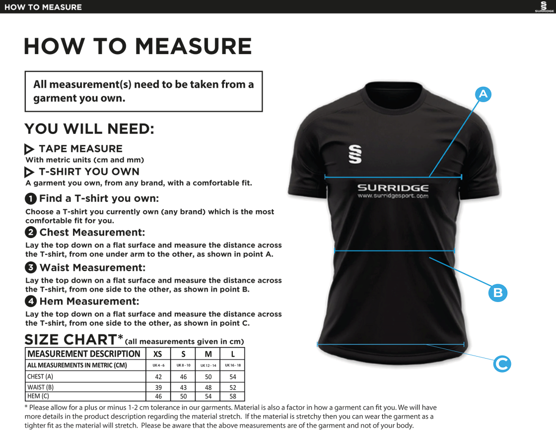 Stoneleigh CC - Dual Games Shirt - Women's - Size Guide
