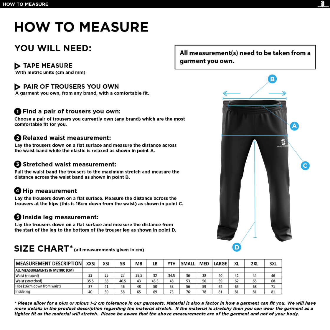 Stoneleigh CC - Poplin Track Pant - Men's - Size Guide